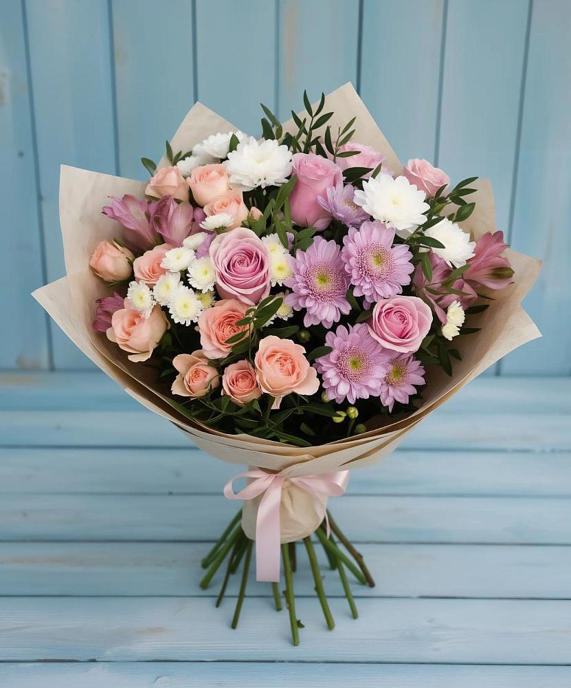 Букет цветов из: Хризантемы, Розы и Альстромерии в Ковдоре