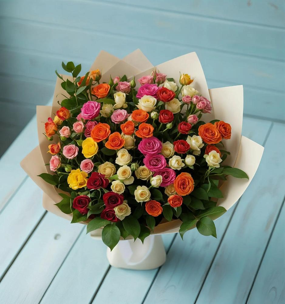 Букет Микс из разноцветных кустовых роз в Ковдоре