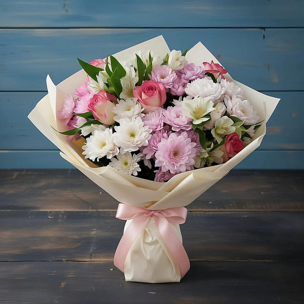 Букет цветов из: Хризантемы, Альстромерии и Розы в Ковдоре